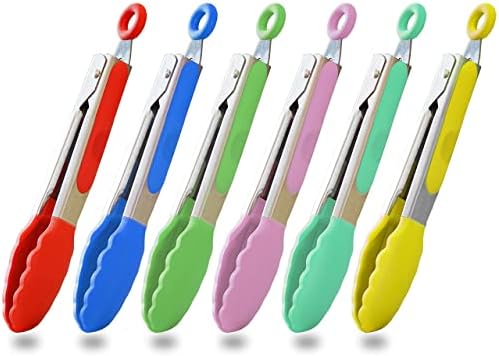 HINMAY Small Tongs Set 7-Inch Mini Tongs with Silicone Tips, Set of 6 (Red Blue Green Pink Mint Yellow)