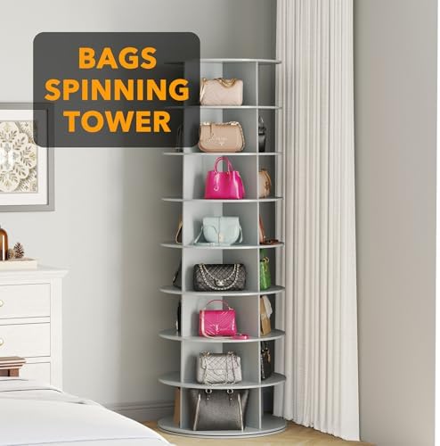 SpaceAid 8 Tier Rotating Shoe Rack Tower, Spinning Shoe Display Lazy Susan, Revolving 360 Shoe Rack Storage Round Carousel, Vertical Handbag Rotate Shoes Closet Organization (8-Tier Gray)