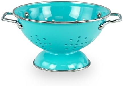 Reston Lloyd, 1 Quart Powder Coated Steel Kitchen Strainer Basket for draining Pasta, Vegetable and Fruit, Chrome Handles and Wide Stable Base, Aqua-Blue