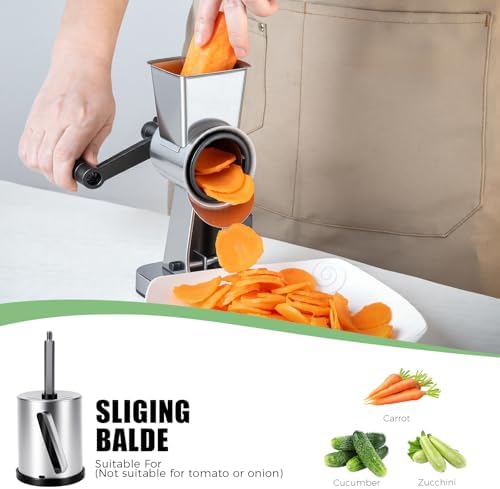 LHS Stainless Steel Rotary Cheese Grater with 3 Interchangeable Drum Blades