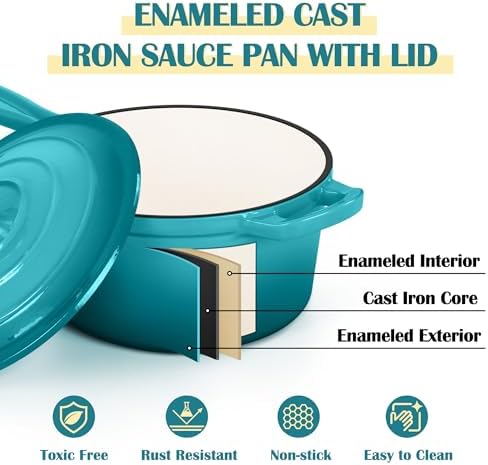 E-far Enameled Cast Iron Sauce Pan, 2 Quart Dutch Oven Saucepan with Lid, Small Sauce Pot for Cooking, Boiling, Healthy & Non Toxic, Induction & Oven Safe, Green