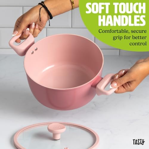 Tasty Ceramic Stock Pot with Glass Lid, Silicone Spoon, Healthy Nonstick Dutch Oven, Soup Pot, Casserole, Made without PFAS, PFOA, PFOS and PTFE, Dishwasher Safe, 5-Quart, 3-Piece Set, Pink