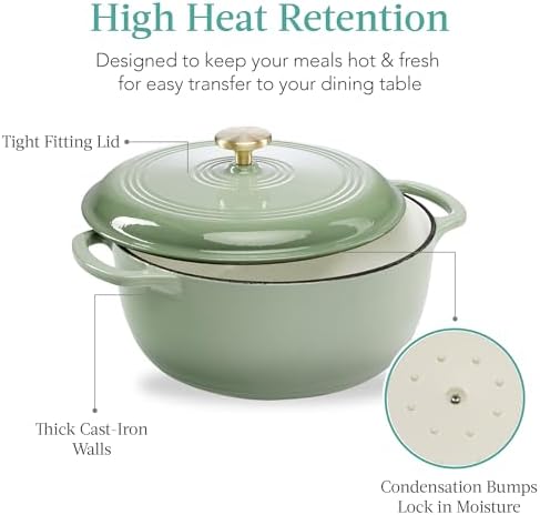 Best Choice Products 7.5 Quart Enamel Cast-Iron Round Dutch Oven, Family Style Heavy-Duty Pre-Seasoned Cookware for Home, Kitchen, Dining Room, Oven Safe w/Lid, Dual Handles - Sage Green