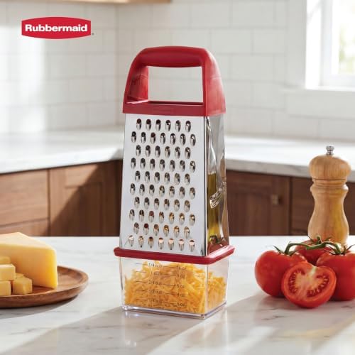 Rubbermaid EZ Grip Box Grater, Stainless Steel Cheese Grater & Container - BPA Free Multi-Surface Cheese Shredder & Food Grater for all Vegetables | Graters for Kitchen -Non-Slip Base, Dishwasher Safe
