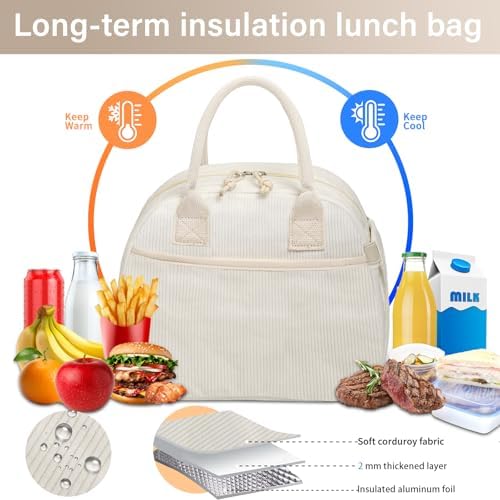 Carry bloom Lunch Box for Women, Insulated Lunch Bag Cute Corduroy Lunchbag