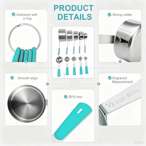 Bopei 10-Pcs Stainless Steel Measuring Cups & Spoons Set, Aqua Sky Handles