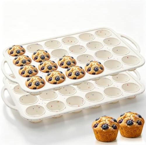 Vinino Mini Muffin Pan with Metal Reinforced Frame-2Pack, Silicone Cupcake Pan for Baking 24 Cup Mini Size, BPA Free Silicone Muffin Tray, Cupcake Baking Pan Molds for Oven Dishwasher Safe - Cream