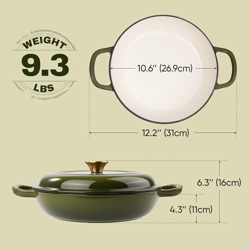 3 Quart Enameled Cast Iron Braiser, Non Stick Enameled Cast Iron Skillet with Lid, Dutch Oven Skillet with lid up to 500°F for Oven, Stove, Grill, Shallow Dutch Oven for Cook, Bake (Golden Green)