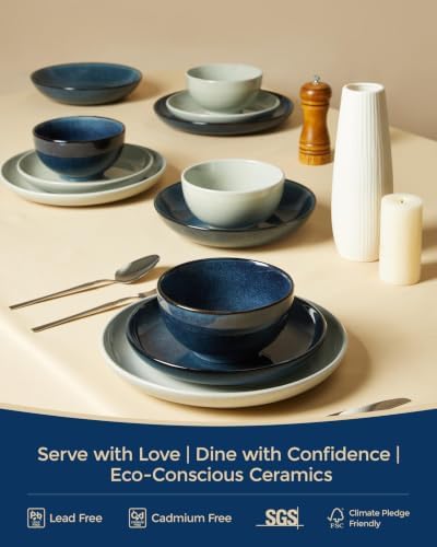 Pokini Stoneware Dinnerware Sets for 4, 16pcs Plates and Bowls Sets Dishes
