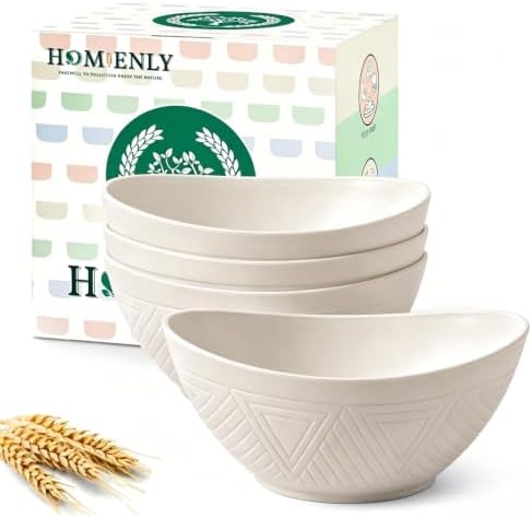 Homienly Wheat Straw Serving Bowls Unbreakable Serving Bowls for Kitchen, Camping, Party, RV, Microwave and Dishwasher Safe Soup Bowls 26 OZ Popcorn Bowls Reusable (4 PCS White)