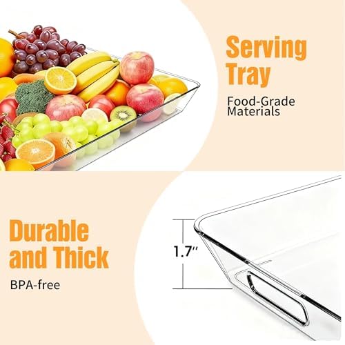 Clear Plastic Serving Tray with Handles, BPA-Free Storage Organizer Tray - Large Serving Trays 16"x11.5" Reusable Serving Platters for Appetizer, Fruit, Kitchen, Desk & Serving Tray for Party Supplies