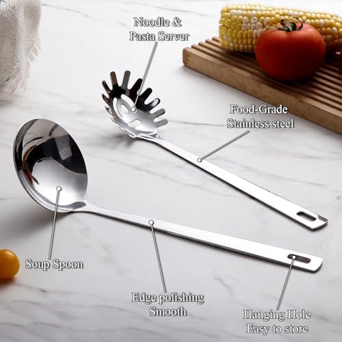 Berglander Kitchen Ladle Spoon and Spaghetti Spoon Set 2 pieces, Pasta Spoon Stainless Steel Kitchen Utensils for Cooking, Stirring, Serving Spaghetti, Soup, Sauce, Dishwasher Safe