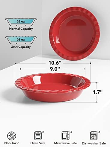 LE TAUCI Ceramic Pie Pans for Baking, 9 Inch, 36 OZ, Set of 2, Red