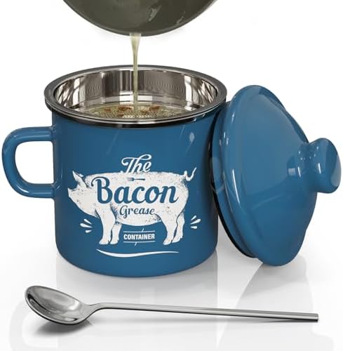 Bacon Grease Container with Strainer-15OZ Enamel Saver, Dishwasher Safe