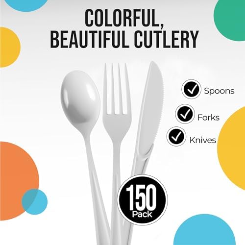 Party Solids White Plastic Silverware 150 Pcs White Cutlery Set