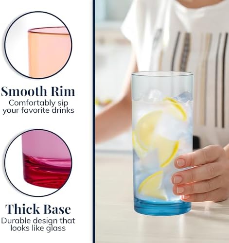 US Acrylic Classic Plastic Reusable Drinking Glasses (Set of 6) 24oz Iced Tea Cups Assorted Colors | BPA-Free Tumblers, Made in USA | Top-Rack Dishwasher Safe