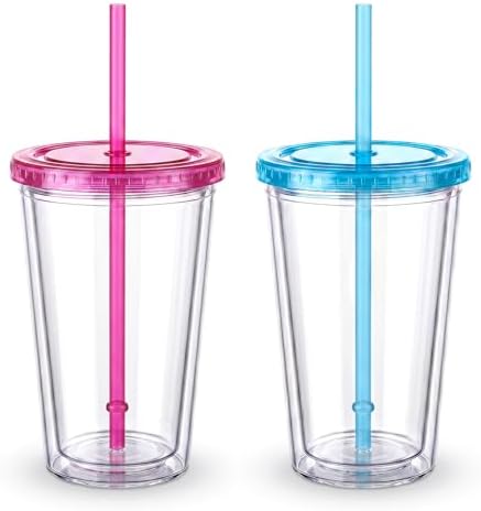 Zukro Clear Double Wall Plastic Tumbler with Lid and Straw 16 oz, 2 Pack