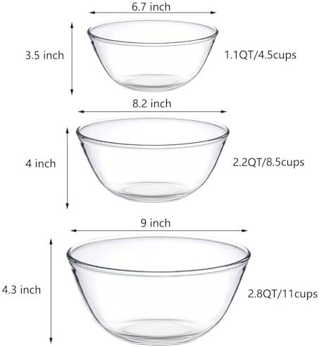 Borosilicate Glass Mixing Bowls Set of 3 (2.8, 2.2, 1.1QT) - Heavy Duty, Scratch Resistant, Non-Toxic & Lead-Free – Oven/Microwave/Dishwasher/Freezer Safe – Ideal for Meal Prep, Baking & Serving