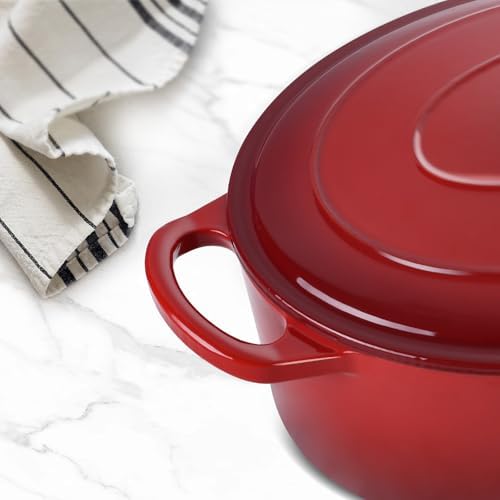 Leonyo 5-Quart Enameled Cast Iron Oval Dutch Oven Pot with Lid, Red