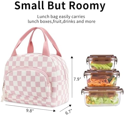 Lunch Bag Women Lunch Box for Women Adult Cute Insulated Lunch Bag Small Cooler Lunch Tote Bags for Work Picnic School (Beige-Pink Plaid)
