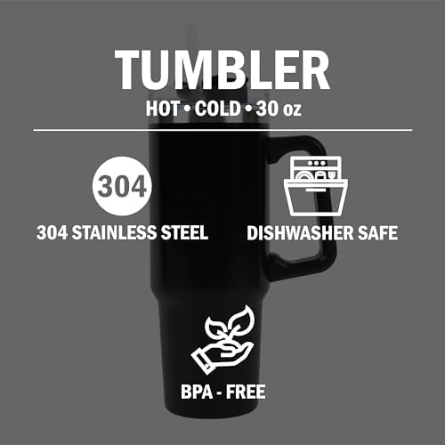 Envie 30 oz Tumbler Mug with Lid and Straw, Reusable Insulated Mug with Handle, Stainless Steel Travel Tumbler for Iced & Hot Beverages, Black