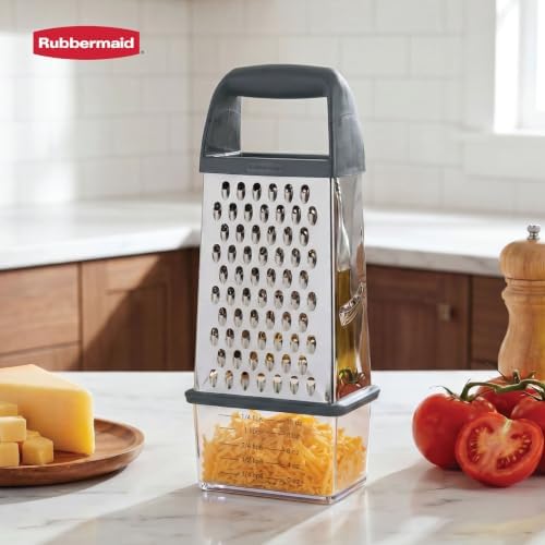 Rubbermaid EZ Grip Box Grater, Stainless Steel Cheese Grater & Container - BPA Free Multi-Surface Cheese Shredder & Food Grater Silver Blue | Graters for Kitchen -Non-Slip Base, Dishwasher Safe