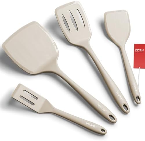 Silicone Spatula Set, 600°F Heat Resistant Silicone Spatula Turner Flipper for Cooking, Non Stick and Non Scratch Kitchen Utensils for Eggs & Pancakes, 4 Pack,Khaki