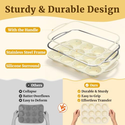 CAKETIME Silicone Muffin Pan, Metal Reinforced Frame Regular Size 2.8 Inch Cupcake Pan with Handle 12 Cups Nonstick Muffin Tray for Baking BPA Free 2 Pack