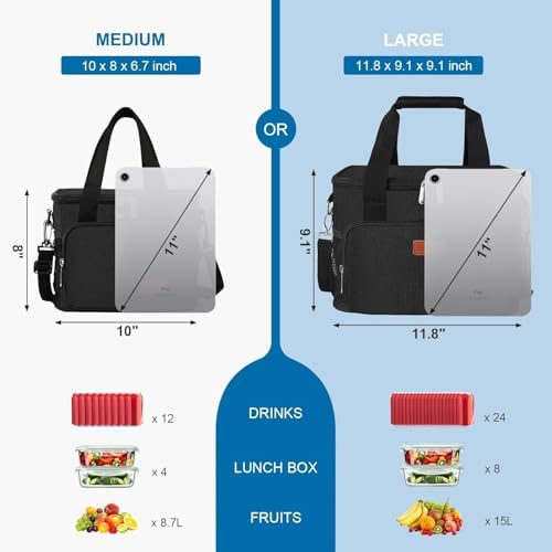 Femuar Lunch Bags for Women/Men, Insulated Lunch Bag for Work Office Picnic - Large Lunch Cooler Bag Leakproof Lunch Box with Adjustable Shoulder Strap for Adults - Black(15L)