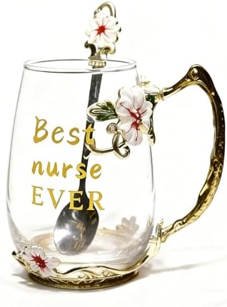 National Nurses Day Flower Glass Cup with Unique Flower Printing and Spoon - Ideal Nurse Christmas Gift (Nurse)