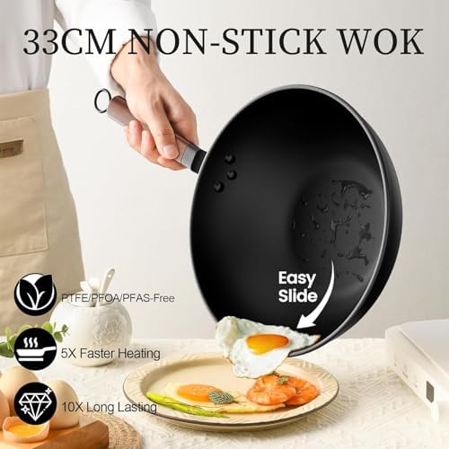 Todlabe 13 Inch Wok with Glass Lid & Silicone Spatula, Naturally Non‑Stick