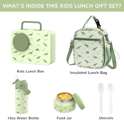 Kids Bento Box with Food Jar, Water Bottle, Lunch Bag,Dinosaur