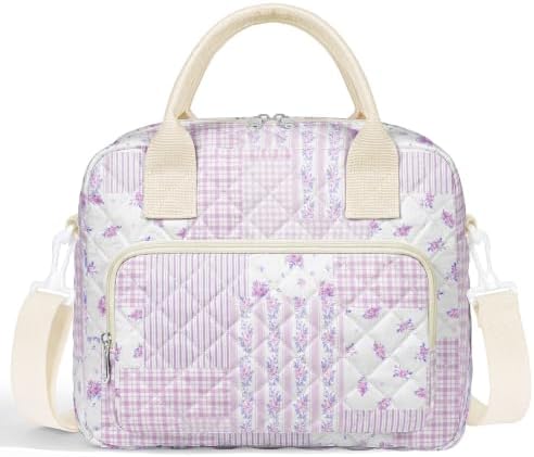 WOBAGMEN Quilted Lunch Box for Women,Large Floral Insulated Lunch Bag with Multiple Pockets,Adjustable Strap,Reusable Lunch Tote Box for Work Picnic Travel (Purple Floral Patchwork, M)