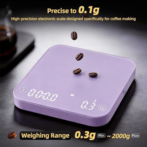 ShanSon Mini Coffee Scale with Timer,0.1g High Precision Espresso Scale,2kg/0.1g Digital Kitchen Scale with Flow Rate,USB-C Rechargeable,Waterproof Surface,Auto Timer for Pour Over & Espresso,Purple