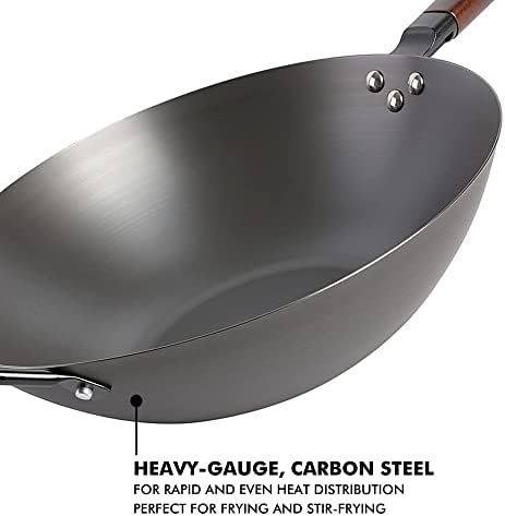 Babish 14 Inch Carbon Steel Wok Pan, Flat Bottom Stir Fry Pan, Induction