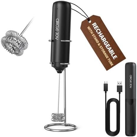 CIRCLE JOY Rechargeable Milk Frother Handheld with Stand, Dual Coil Whisk Head Electric Coffee Frother, Portable Hand Frother Wand Drink Mixer for Matcha Lattes Cappuccino, Kitchen Gifts, Black