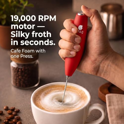 Bean Envy Milk Frother Handheld - Coffee Mixer Wand with Stand - Red