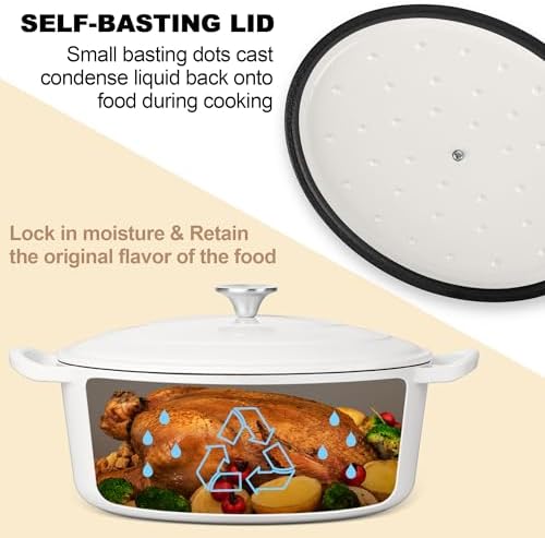 E-far 7QT Oval Dutch Oven Pot with Lid, White Enameled Cast Iron Dutch Oven