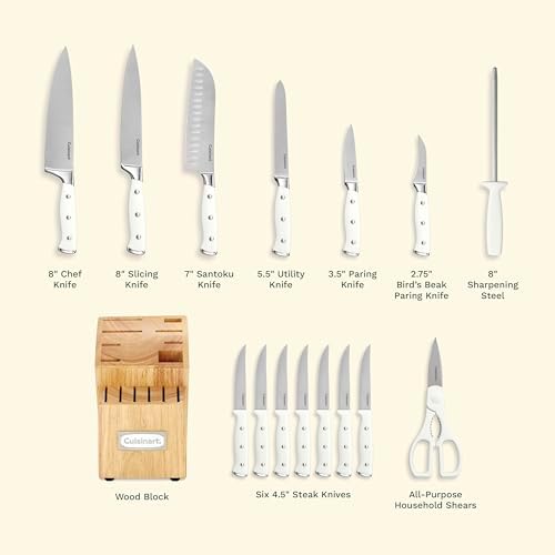 Cuisinart 15-Piece Knife Set with Block, High Carbon Stainless Steel, Forged Triple Rivet, White, C77WTR-15P (Pack of 2)