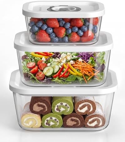 Mehomeli Glass Vacuum Seal Containers, 3-Piece Set, Small Medium Large