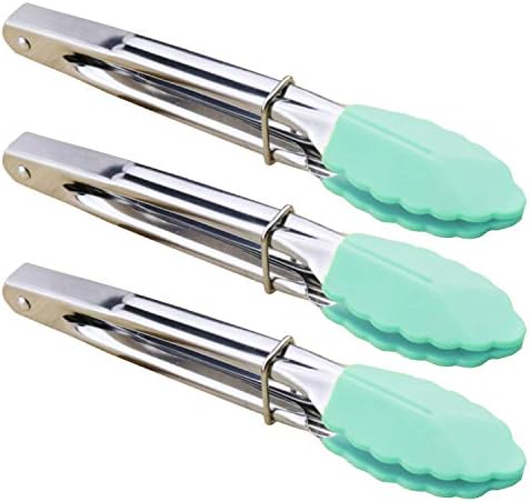 HINMAY 7" Stainless Steel Food Tongs with Silicone Tips, Set of 3 (Mint)