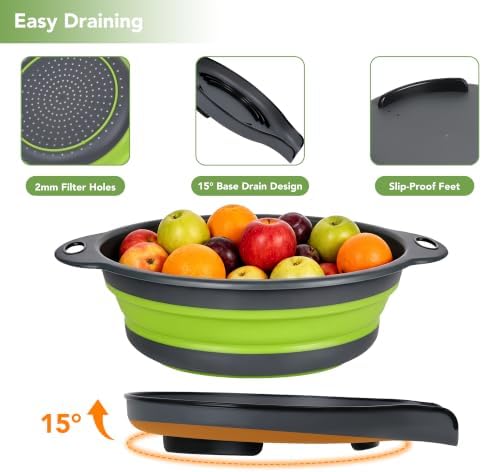3-Pack Collapsible Colander for Kitchen with Self-Draining Base Foldable Strainers Set Round Food Drainer for Pasta Fruits and Vegetables (3QT, 4QT and 5QT)