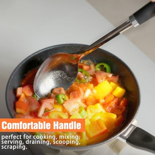 Stainless Steel Cooking Spoon, 14-Inch, Solid Bowl, Black