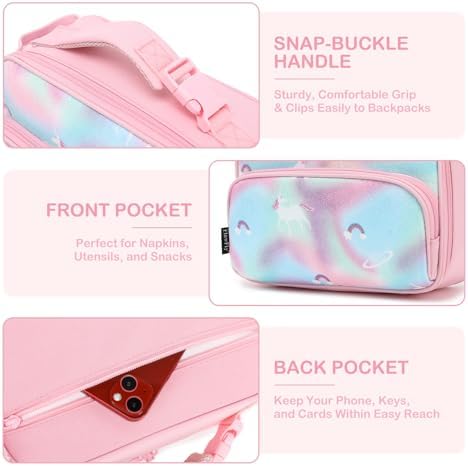 FlowFly Kids Lunch box Insulated Soft Bag Mini Cooler Back to School Thermal Meal Tote Kit for Girls, Boys,Glitter-Unicorn