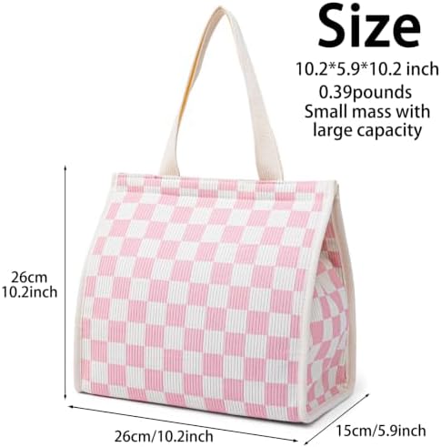 Insulated Lunch Bag for Work, 10.2"x5.9"x10.2" Oxford Waterproof Lunch Tote, Thermal Lunch Box for Office, Picnic & Outdoor, Striped Canvas Tote Bag -Check Pink