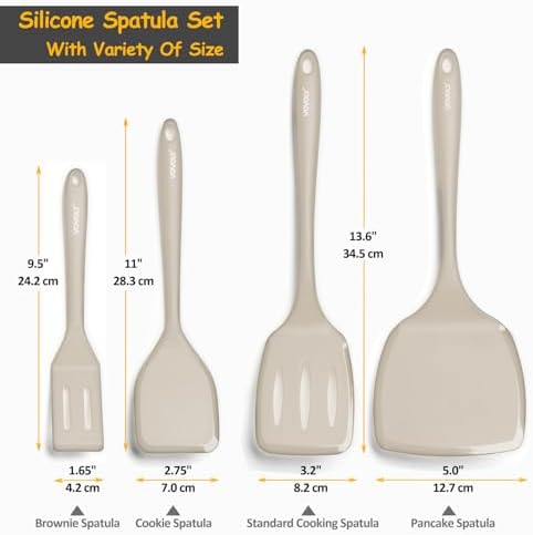 Silicone Spatula Set, 600°F Heat Resistant Silicone Spatula Turner Flipper for Cooking, Non Stick and Non Scratch Kitchen Utensils for Eggs & Pancakes, 4 Pack,Khaki