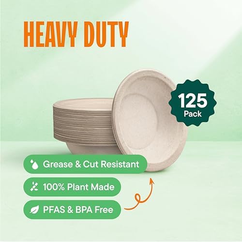 100% Compostable Paper Bowls - 12 oz [125-Pack] Heavy Duty Soup Bowls