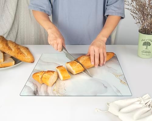 Kitchenville Glass Cutting Board 16"x12": Tempered Glass Kitchen Counter Protector - Durable- Scratch-Resistant, Heat-Proof - Design 7 - White & Gold