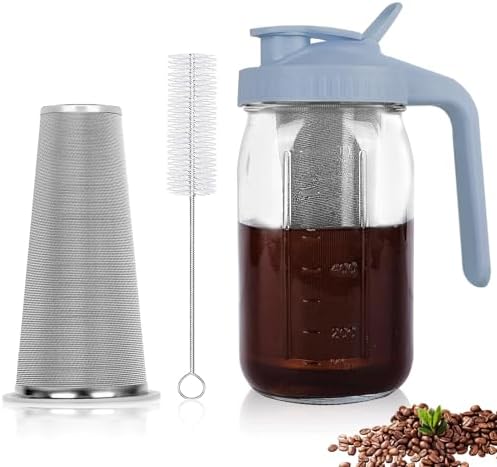 Cold Brew Coffee Maker, 32 oz Mason Jar Pitcher with Stainless Steel Filter, Pour Spout Handle Lid, Heavy Duty Glass Airtight & Leak-Proof for Iced Coffee,Tea & Lemonade