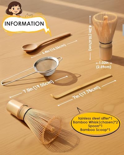 Matcha Whisk Set with 2-pack Bamboo Matcha Whisk, Sifter,Tea Scoop